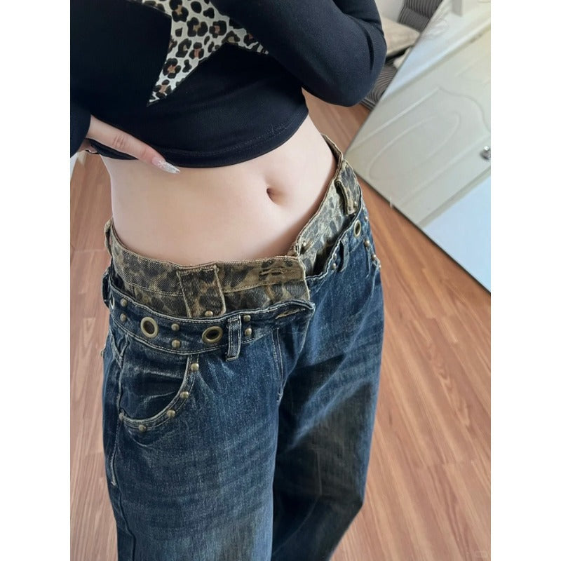 American Vintage Leopard Patchwork High Waist Wide Leg Denim Jeans