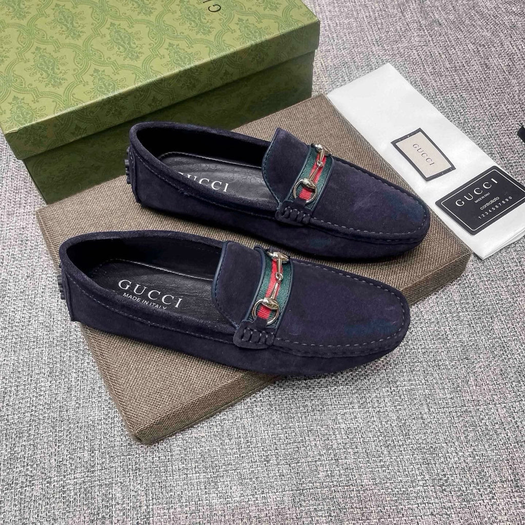 Gucci Navy Striped-Bit Driving Loafers