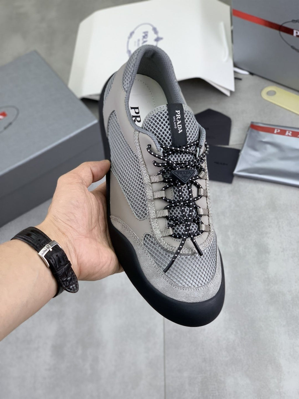 Prada Layered Mesh Lace-Up Sneakers